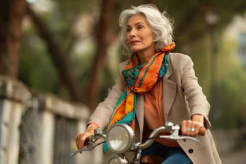 Schilderijen op glas mature woman with a colorful scarf, riding a vintage bike © studioworkstock