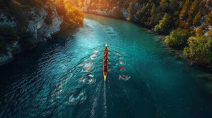 Capture the rhythmic cadence of a rowing team, oars slicing through the water in perfect harmony.