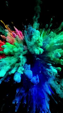 Cg animation of colorful smoke/powder explosion on a black background. Slow motion movement with orbiting camera. Vertical.
