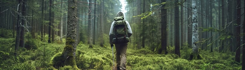 A lone hiker breathing in fresh air in a forest symbolizing the ultimate natural air purification - obrazy, fototapety, plakaty