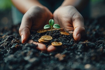 Illustration of hands holding tree growing and coins professional photography