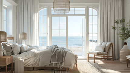 A coastal chic bedroom design featuring breezy decor and light-colored furnishings positioned alongside a sun-drenched window, offering panoramic views of the seaside. 8K.