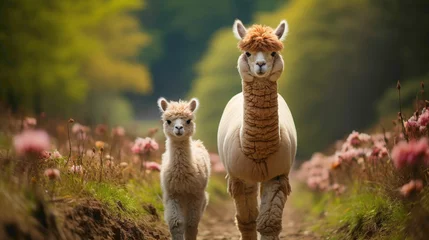 Foto auf Alu-Dibond A fluffy alpaca cria (baby alpaca) standing beside its mother in a picturesque field, their woolly coats and gentle demeanor radiating cuteness. © Animals