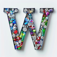 Letter W Formed by a Colorful Assortment of Crushed Plastic Waste on White Background. recycling concept
