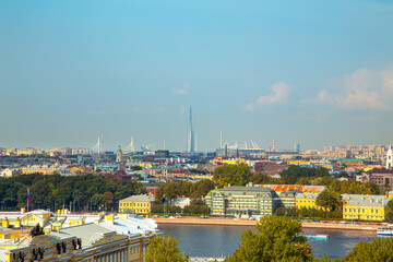 Aerial view of the Neva River and Vasilyevsky Island from the colonnade of St. Isaac's Cathedral.