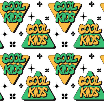 Vintage 90s style pattern with lettering composition. Text Cool Kids with geometric shapes. Trendy 90s style concept on white background. Good for print design for textile, wallpaper, wrapping
