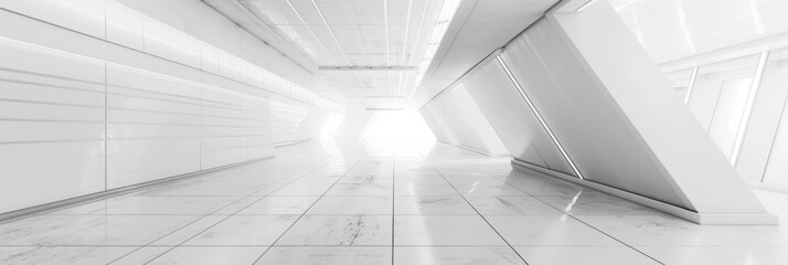 This image depicts a bright,clean and sleek architectural interior with a minimalist,futuristic design The hallway features a geometric pattern of triangular shapes and lines,creating a mesmerizing