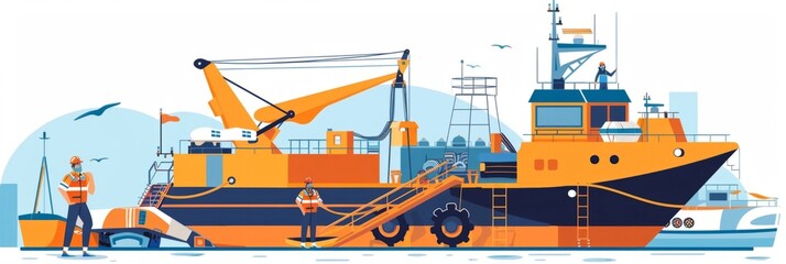 The image depicts a busy harbor scene with various industrial and commercial activities taking place There are multiple cargo ships docked at the harbor,with large cranes used for loading and - obrazy, fototapety, plakaty
