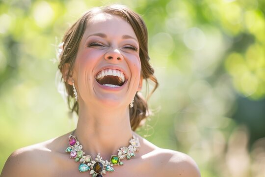bride laughing, necklace with colored stones catches light