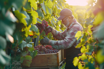 Vintner Harvesting Ripe Grapes in Vineyard at Golden Hour