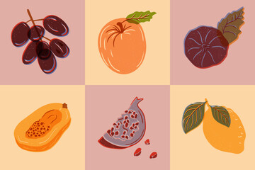 Fruit composition with risograph imitation. Horizontal banner or pattern. Retro style. Healthy food concept. Different tropical fruits in contrast squares