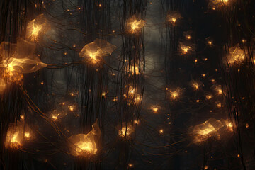 Enchanting Forest Scene with Delicate Fairy Lights Creating a Magical Ambiance