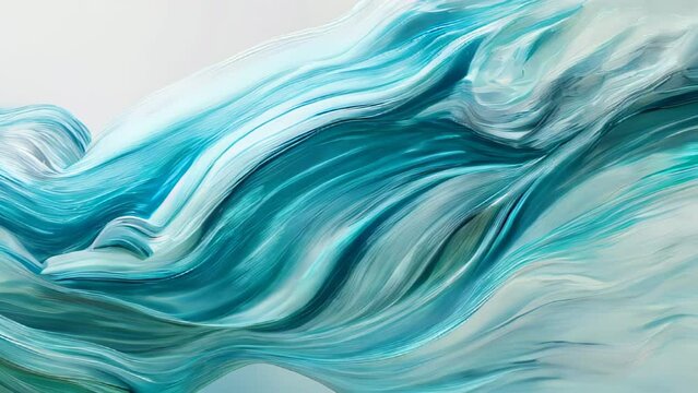 Emerald green and turquoise blue hues swirl together in a flowing, wave-like abstract pattern. Smooth, fluid brushstrokes create a sense of water's movement and a silky texture. 