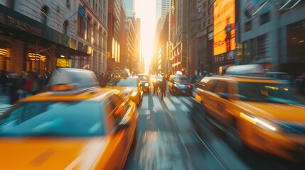 yellow taxi traffic New York America - obrazy, fototapety, plakaty