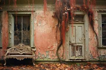 Abandoned House with Peeling Paint and Overgrown Vines in Autumn
