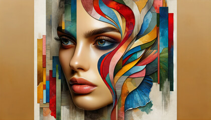 Woman's face intertwined with colorful abstract shapes, creating a dynamic and artistic composition. - obrazy, fototapety, plakaty