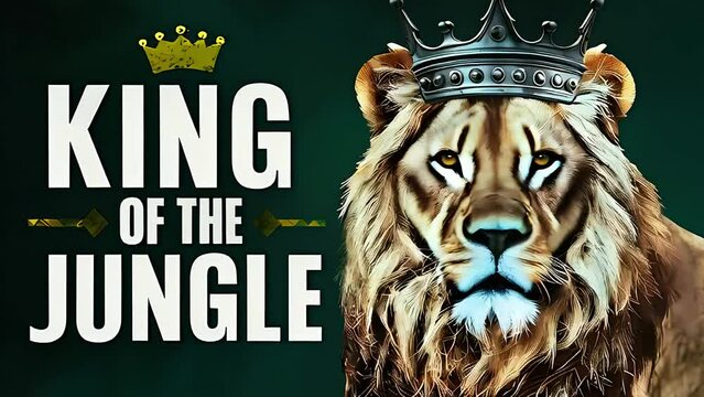 &ldquo;KING OF THE JUNGLE&rdquo;  lion wearing crown, dark background, majesty and power