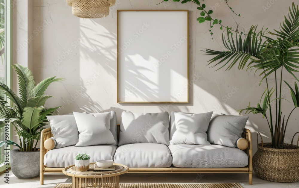 Canvas Prints Mockup frame close up in coastal style home interior background, 3d render