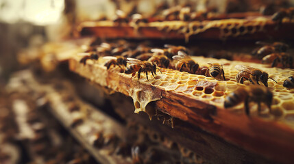 Zbliżenie na grupkę pszczół pracujących na plastrze miodu - obrazy, fototapety, plakaty
