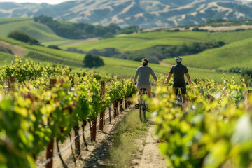 Couple Cycling Through a Lush Vineyard on a Sunny Day in the Countryside - Powered by Adobe