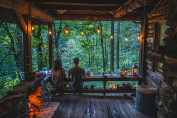 Obraz na płótnie Canvas Romantic Evening at a Rustic Forest Retreat with Soft Lantern Light
