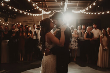 First Dance as Newlyweds with Guests Encircling the Happy Couple - obrazy, fototapety, plakaty