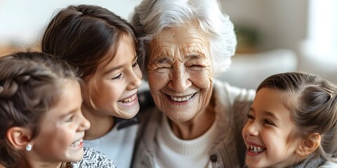 Grandparent and Grandchildren Embracing with Joyful Expressions on White Background - obrazy, fototapety, plakaty