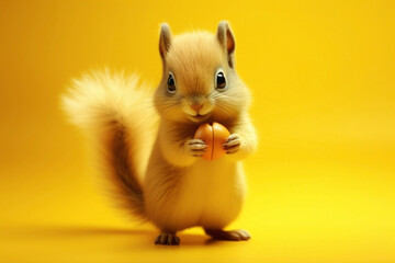 A baby squirrel with a bushy tail, holding a tiny acorn in its paws, on a cheerful yellow surface. - obrazy, fototapety, plakaty