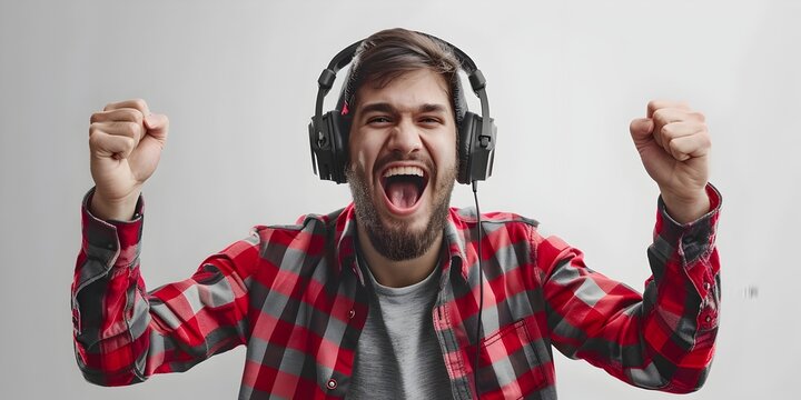 Exhilarated Gamer Celebrates Hard Earned Digital Victory with Unbridled Enthusiasm in Isolated Studio Setting