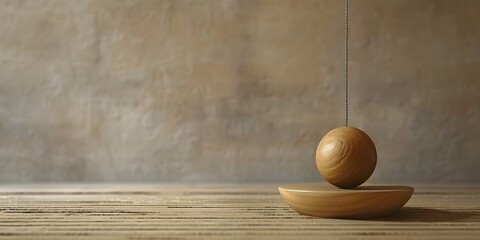 Minimalist Pendulum Sphere Demonstrating Timeless Physics and Conceptual Teachings on Wooden Platform with Copy Space