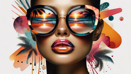 A woman's face with sunglasses reflecting a tropical sunset, with abstract shapes.