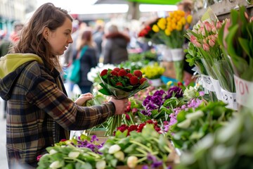 woman purchasing fresh flowers from a market stall - obrazy, fototapety, plakaty