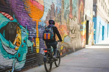 Naklejka premium delivery person biking through mural lane