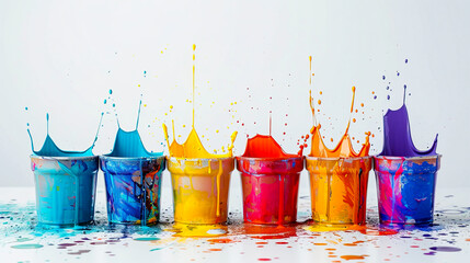 Vibrant Color Explosion: Paint Cans on White Background - 773071347