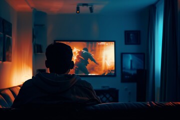 solo viewer engrossed in an action movie, room lit by the screen - obrazy, fototapety, plakaty