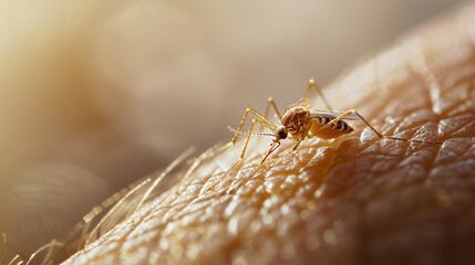 Close-up of a mosquito biting human skin, detailed and warm lighting. - obrazy, fototapety, plakaty