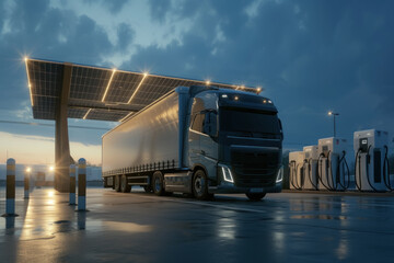Eco-Friendly Electric Semi Truck at a Charging Station During Twilight - obrazy, fototapety, plakaty