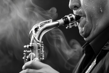 sweat on saxophonists brow while hitting a high tempo - 773072114