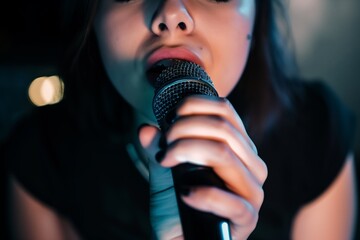 vocalist holding microphone with closed eyes - obrazy, fototapety, plakaty