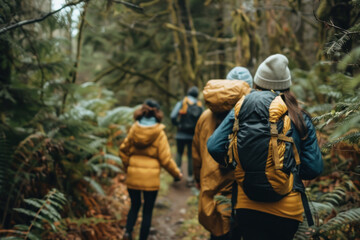 Group of Friends Wearing Yellow Jackets Hiking in a Lush Forest