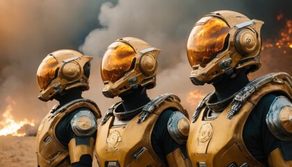 A trio of futuristic firefighters in advanced protective suits confronting a wildland fire, depicting heroism and innovation - obrazy, fototapety, plakaty
