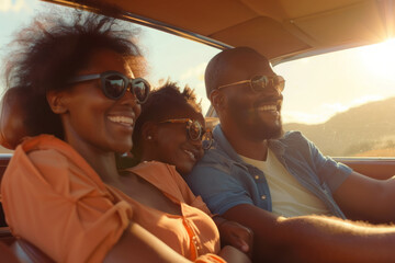 African American Family Enjoying a Joyful Car Ride at Sunset
