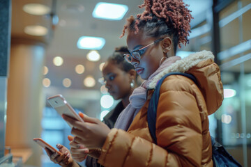 Young African American Women Using Smartphones on Urban Winter Night