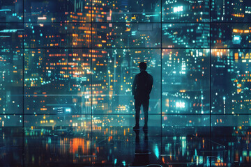 Man Contemplating City Lights from a High-Rise Building at Night - obrazy, fototapety, plakaty