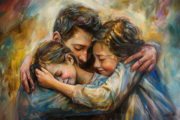 Emotive Painting of a Family Embrace Depicting Love and Togetherness - obrazy, fototapety, plakaty