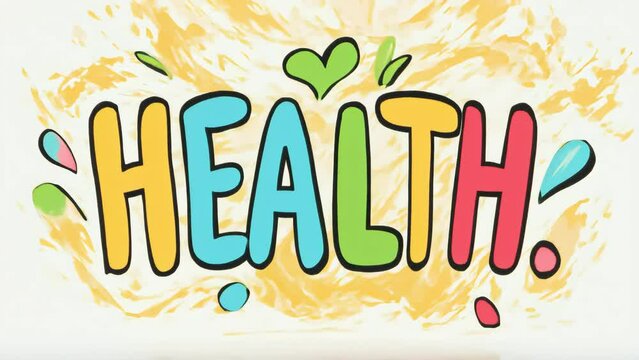 Animation &ldquo;HEALTH!&rdquo; surrounded by dynamic yellow splashes and green hearts