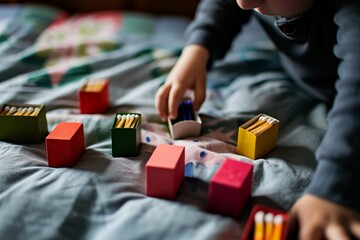 kid arranging matchboxes by color on their bed - obrazy, fototapety, plakaty