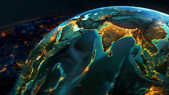 Explore an interactive map animation showcasing the Earth at night from space, revealing city lights, continents, and oceans.