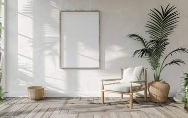 Mockup frame close up in coastal style home interior background, 3d render