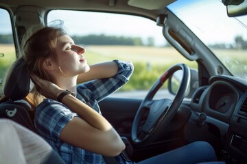 Naklejka premium woman taking a break from driving, stretching her neck